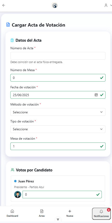 Interfaz móvil para carga de actas electorales