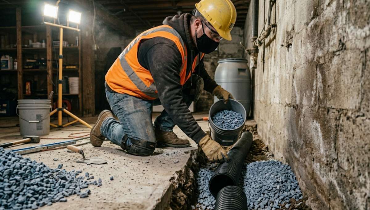 Interior Drain Tile Installation in Harrison, ME