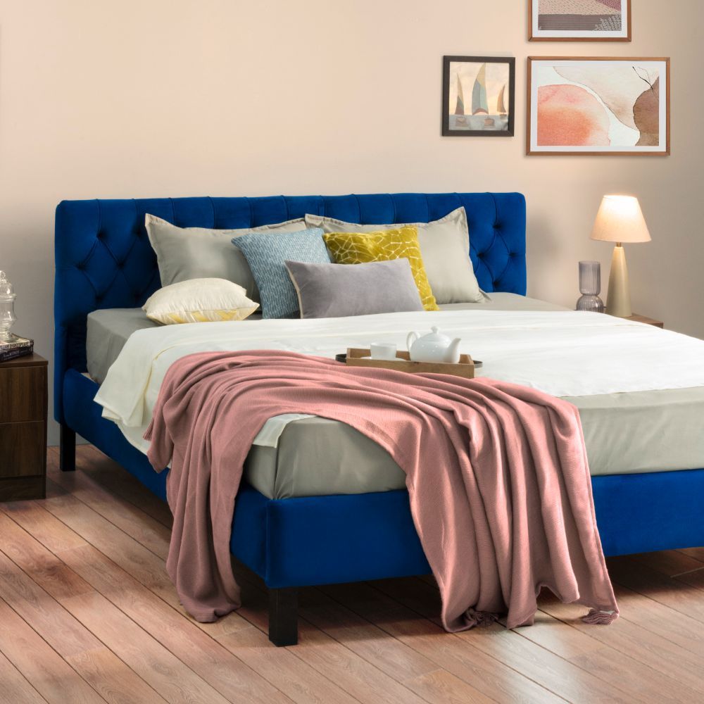 Wakefit Solis Upholstered King Bed without Storage (velvet blue)