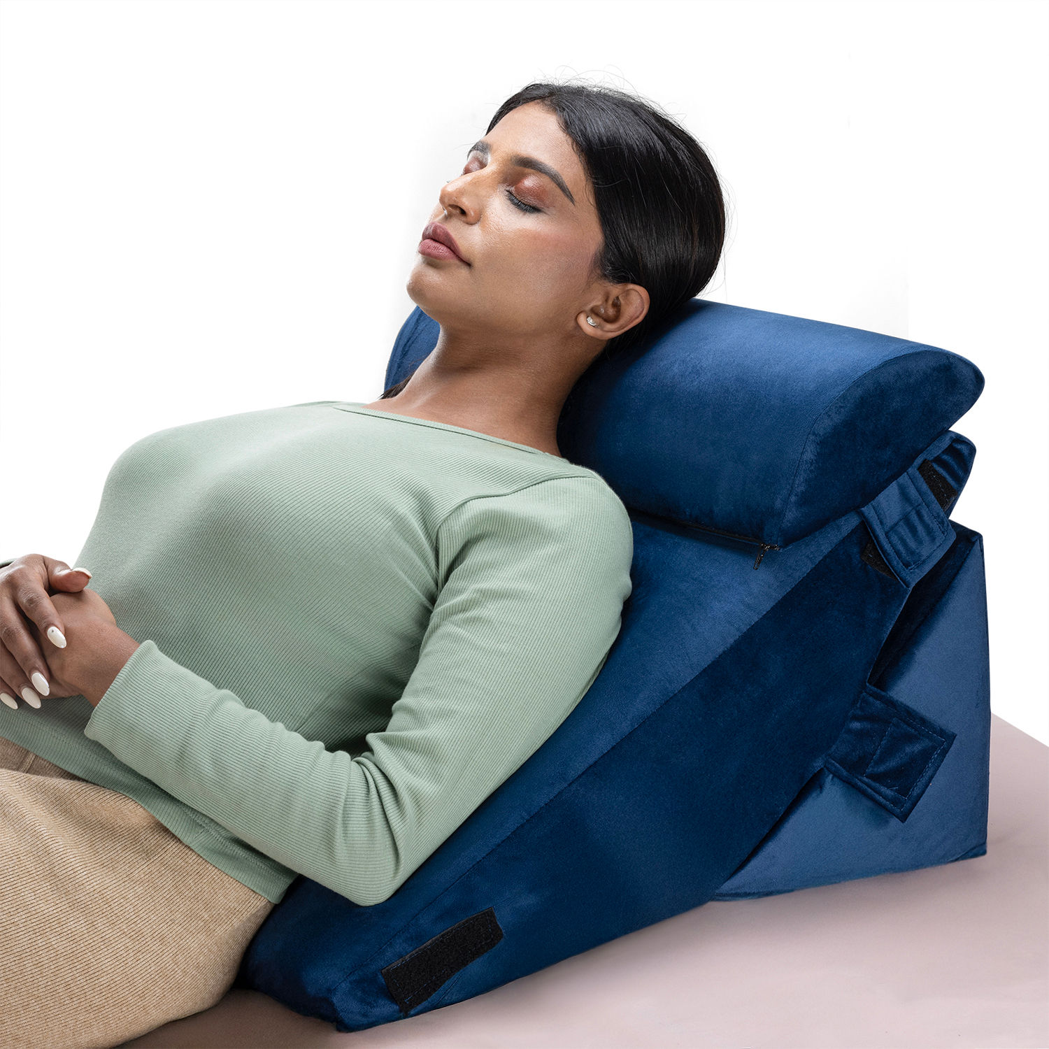 Advanced Wedge Pillow with Head Rest | Shape Adjustable | Prevents Acid Reflux & Snoring | Made of Memory Foam | Washable Velvet Cover | Dark Blue