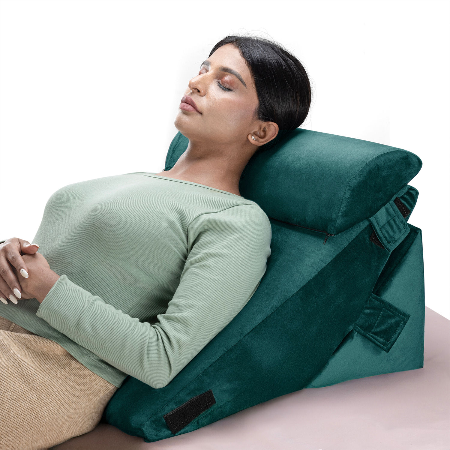 Advanced Wedge Pillow with Head Rest | Shape Adjustable | Prevents Acid Reflux & Snoring | Made of Memory Foam | Washable Velvet Cover | Green
