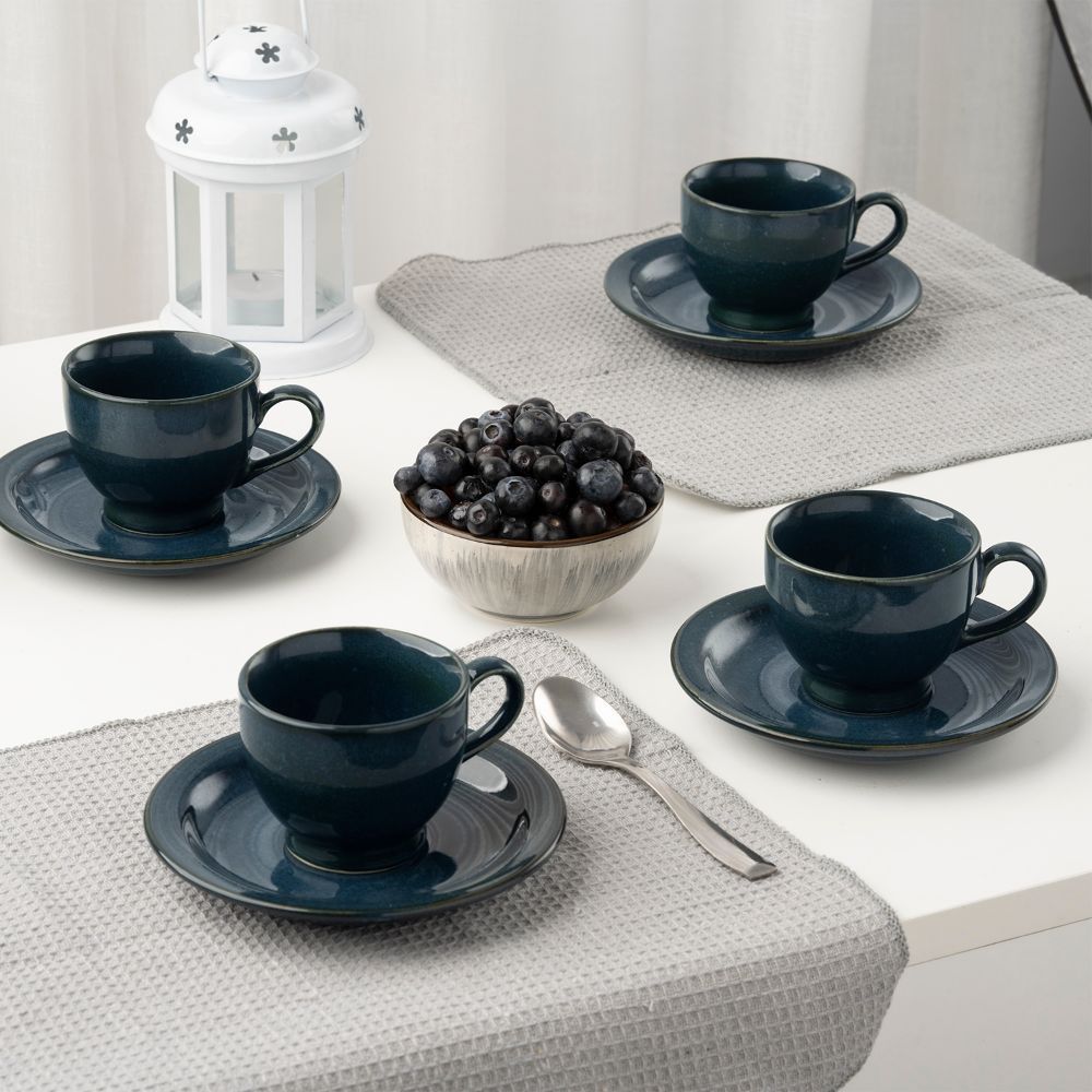 Premium Tea Cup & Saucer | Set of 4 | 150 ml | Eco-Friendly Stoneware Ceramic | Toxin Free | BPA and Lead Free | Microwave & Dishwasher Safe | Ideal for Gifting | Blue | Mykonos
