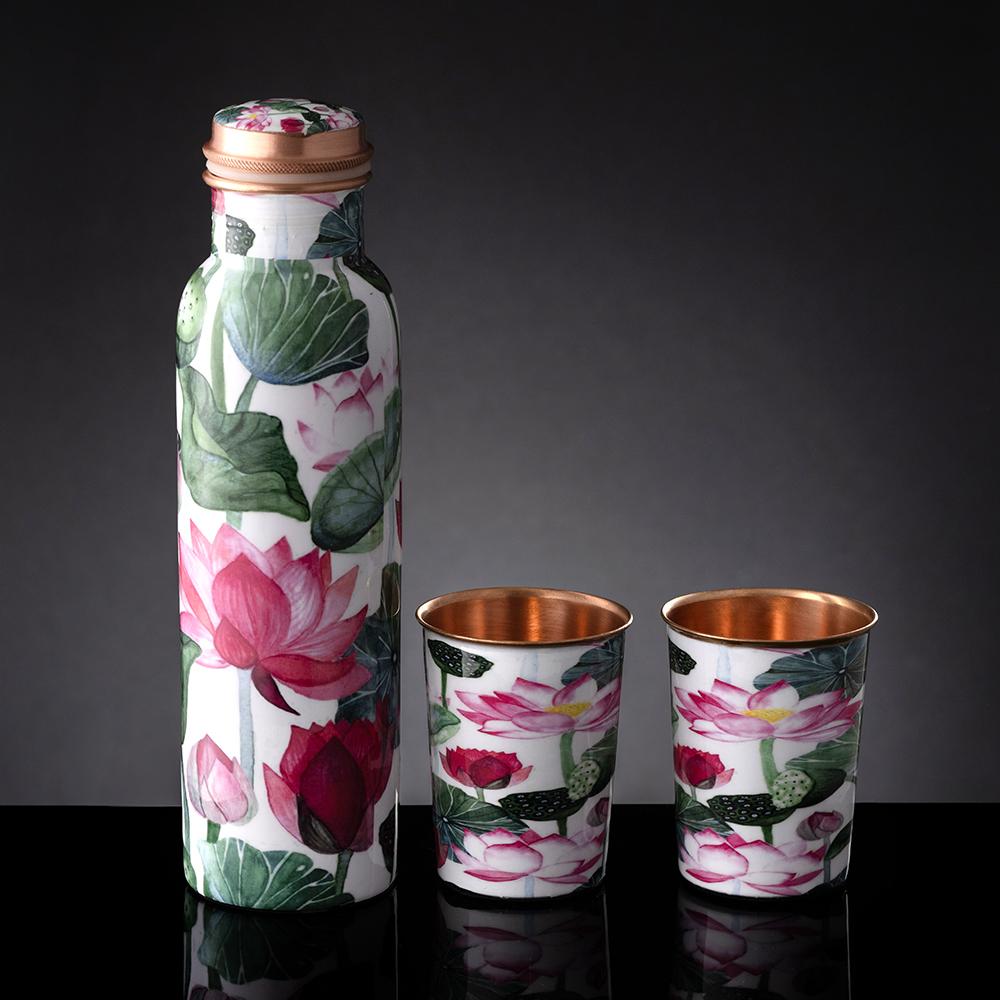 Printed Copper Bottle (1 Litre) with 2 Tumblers(200 ml) | 100% Pure Copper | Leak Proof & BPA Free | Office Bottle | Ayurveda Recommended | Boosts immunity,Supports Digestive & Liver Health | Como