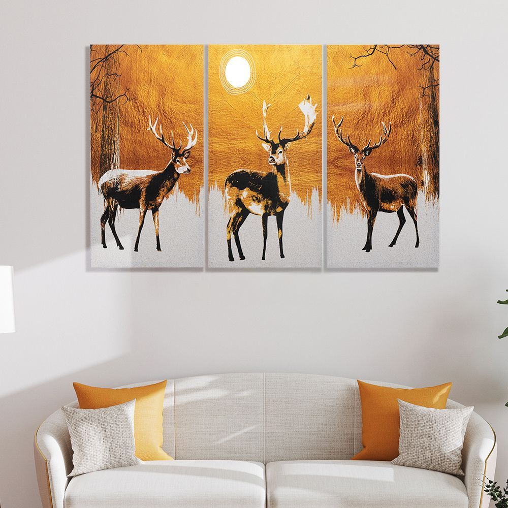 Canvas Wall Painting | 48x30 Inch | Set of 3 | For Living Room, Bedroom & Office Decor | Gifting Option | Reindeers in Moonlight
