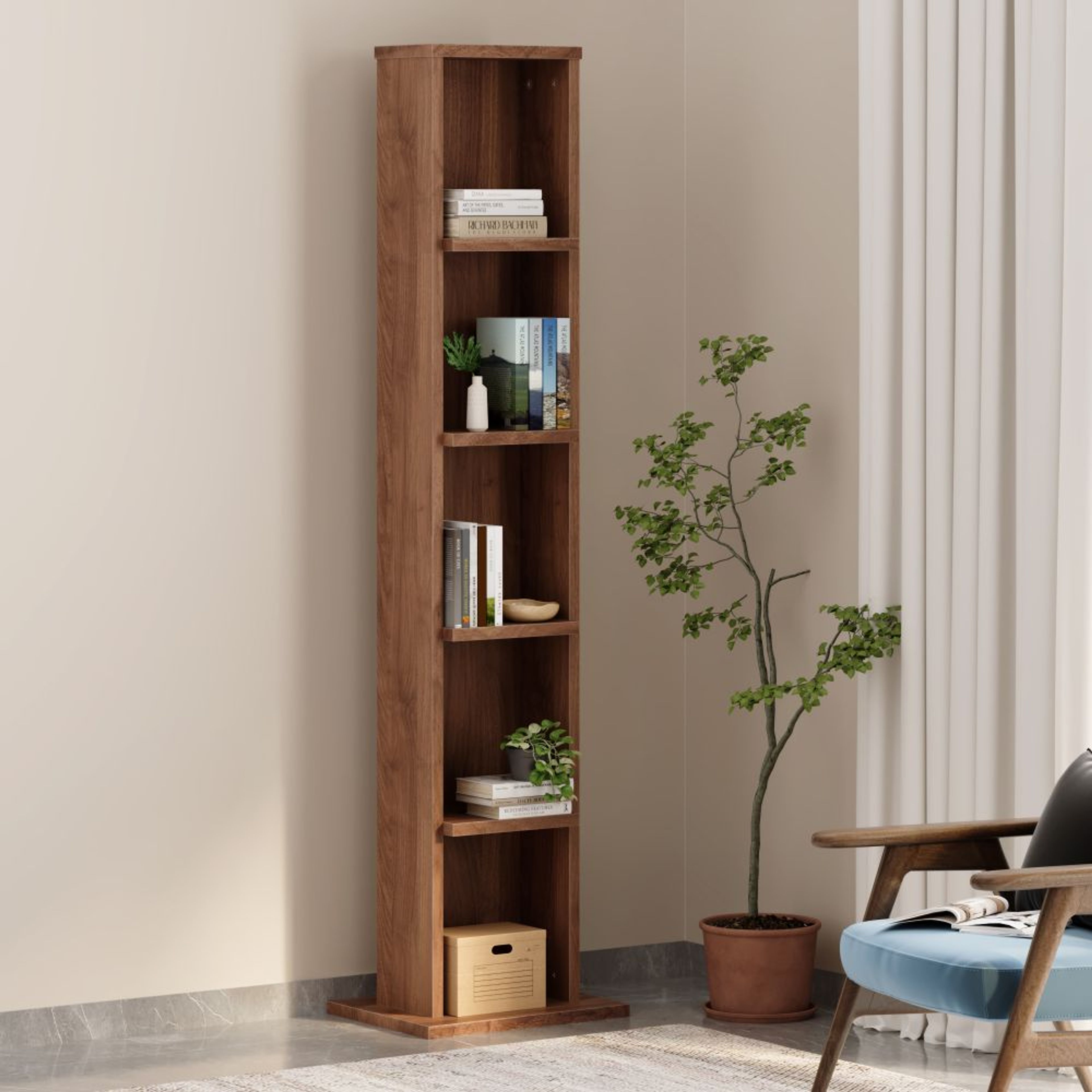 Tall wooden bookshelf with five open shelves