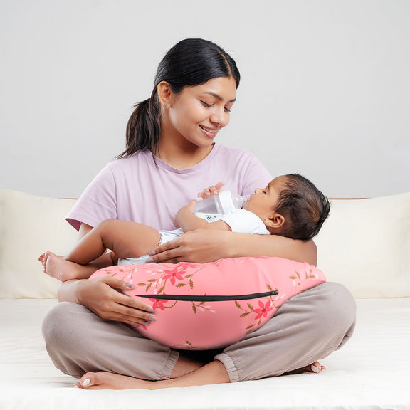 Nursing Pillow For Breastfeeding & Baby Care | 5 in 1 Feeding Pillow with 100% Cotton Removable Cover | Super Soft & Machine Washable | Sakura Pink