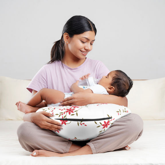 Nursing Pillow For Breastfeeding & Baby Care | 5 in 1 Feeding Pillow with 100% Cotton Removable Cover | Super Soft & Machine Washable | Sakura White