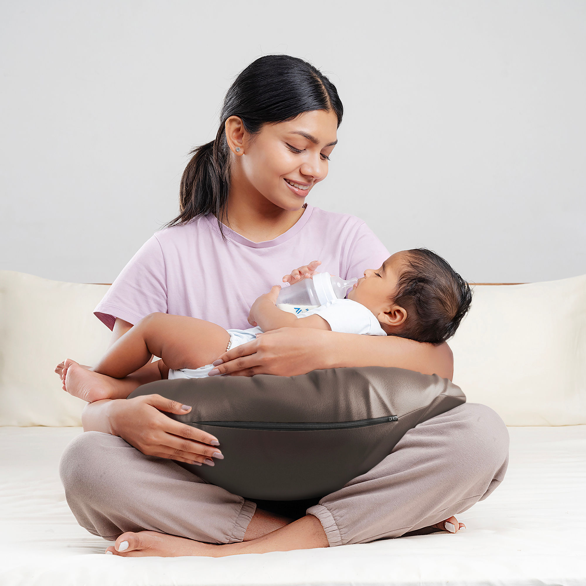 Nursing Pillow For Breastfeeding & Baby Care | 5 in 1 Feeding Pillow with Removable Cover | Super Soft & Machine Washable Velvet Cover | Charcoal Grey