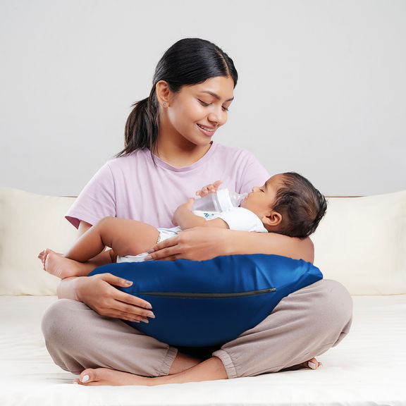 Nursing Pillow For Breastfeeding & Baby Care | 5 in 1 Feeding Pillow with Removable Cover | Super Soft & Machine Washable Velvet Cover | Dark Blue