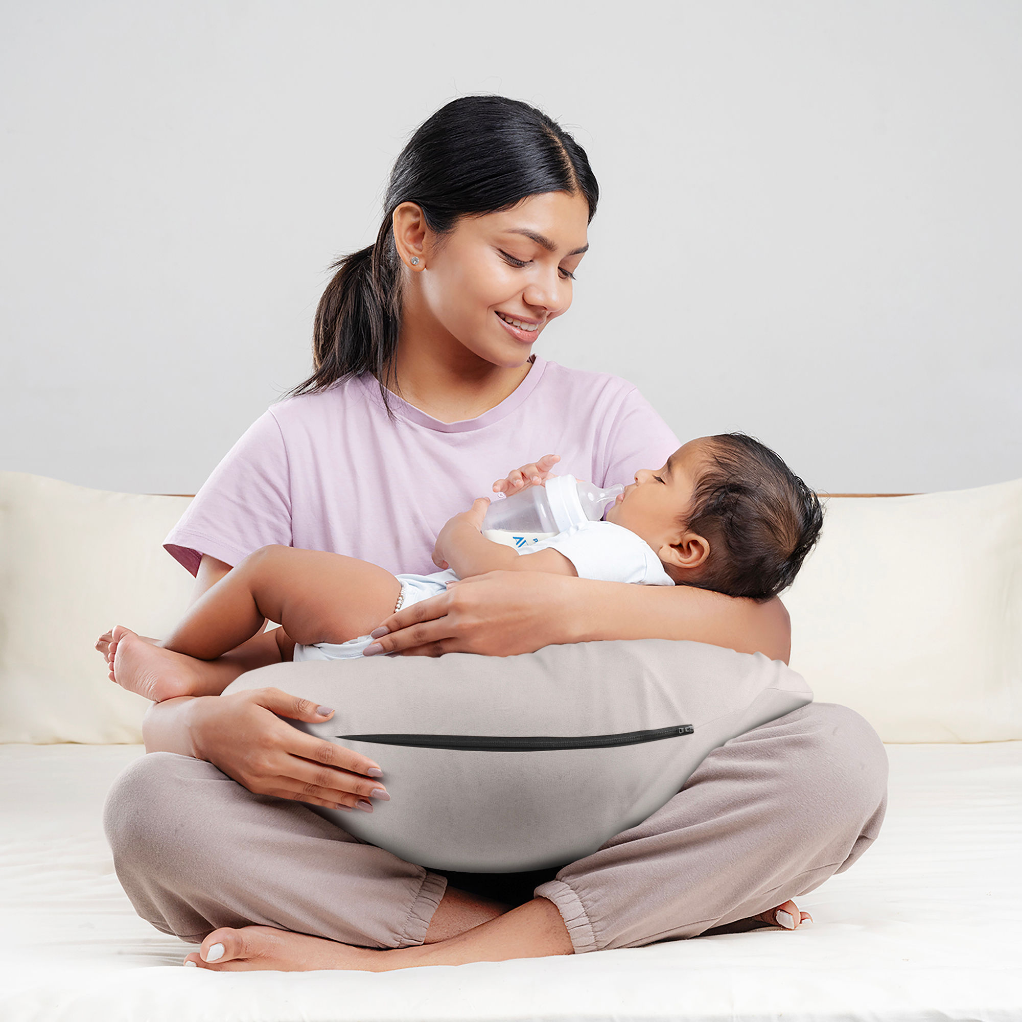 Nursing Pillow For Breastfeeding & Baby Care | 5 in 1 Feeding Pillow with Bamboo Waterproof Removable Cover | Super Soft & Machine Washable Waterproof Cover | Grey