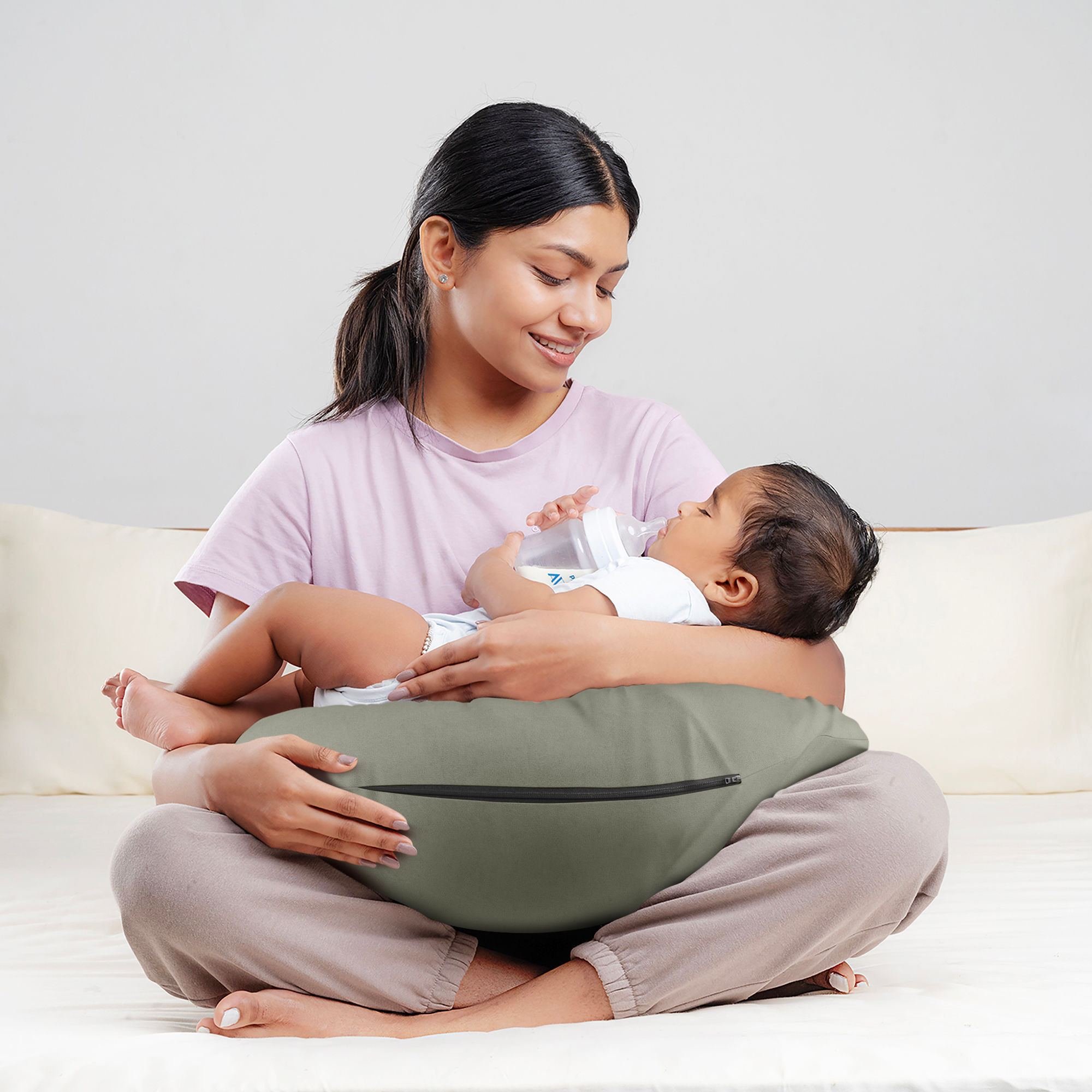 Nursing Pillow For Breastfeeding & Baby Care | 5 in 1 Feeding Pillow with Bamboo Waterproof Removable Cover | Super Soft & Machine Washable Waterproof Cover | Iron Grey