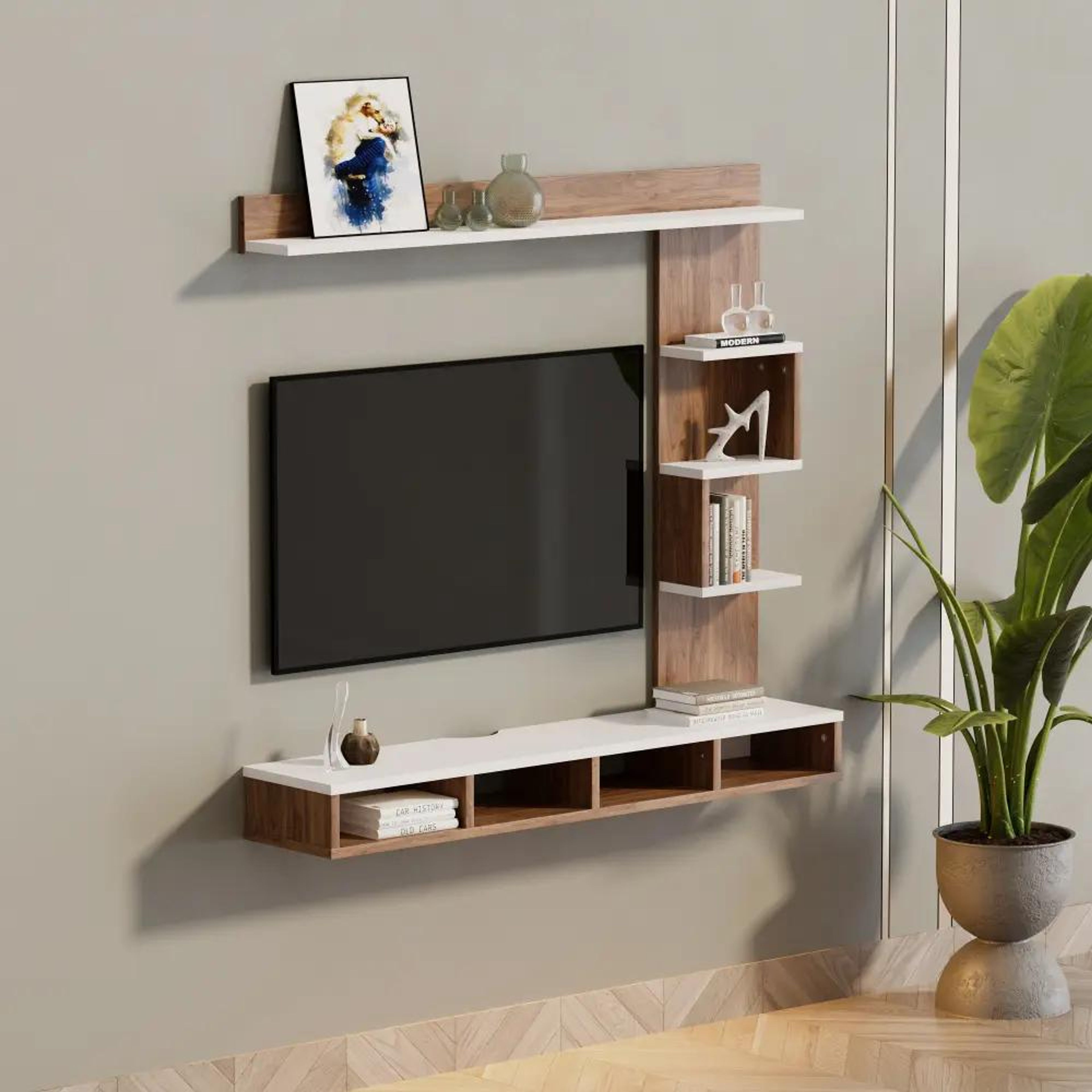 Compact white TV unit with open shelf