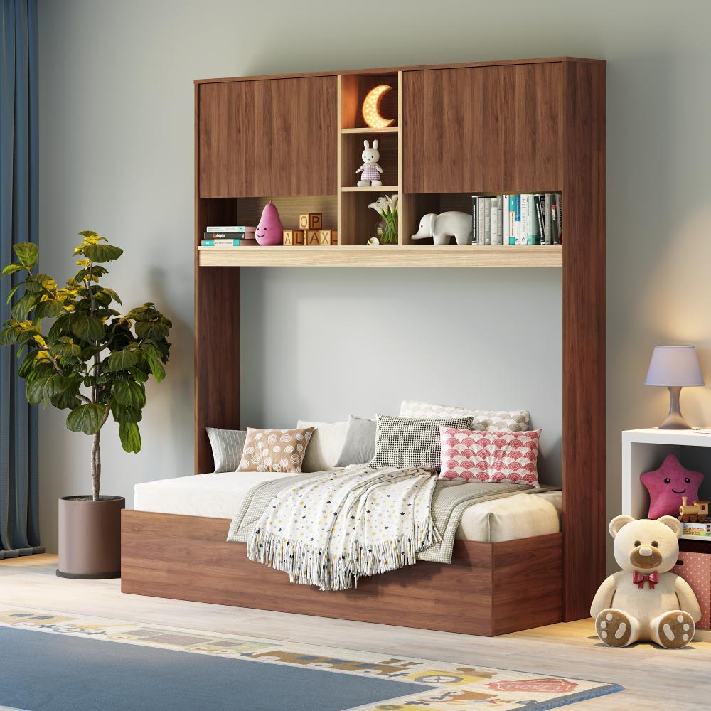 Mantis Kids Bed with Storage | (78x30 inch) | (Columbia Walnut) | Space-Saving Wooden Kids Single Bed with Drawers