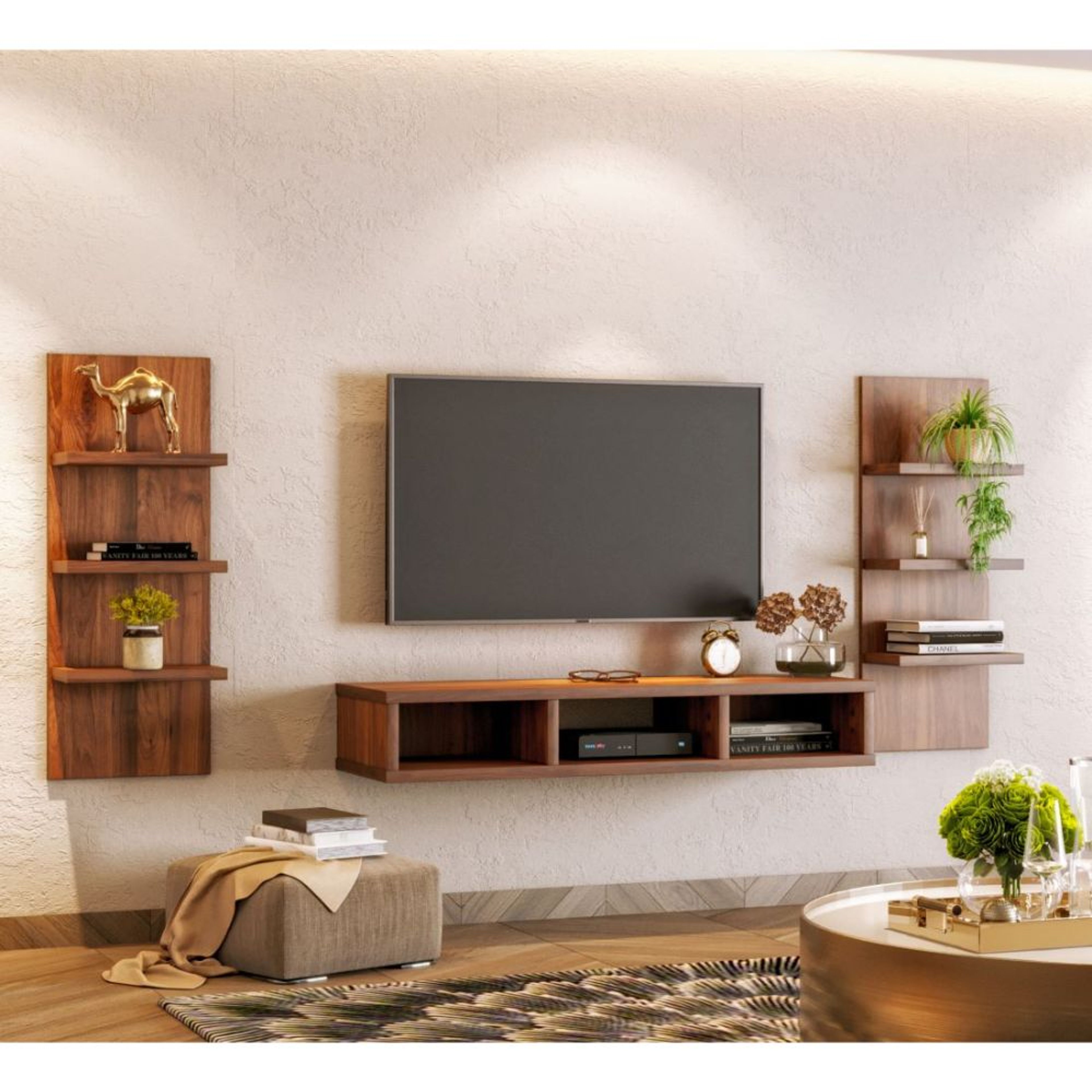 Light wood TV unit with open shelves.