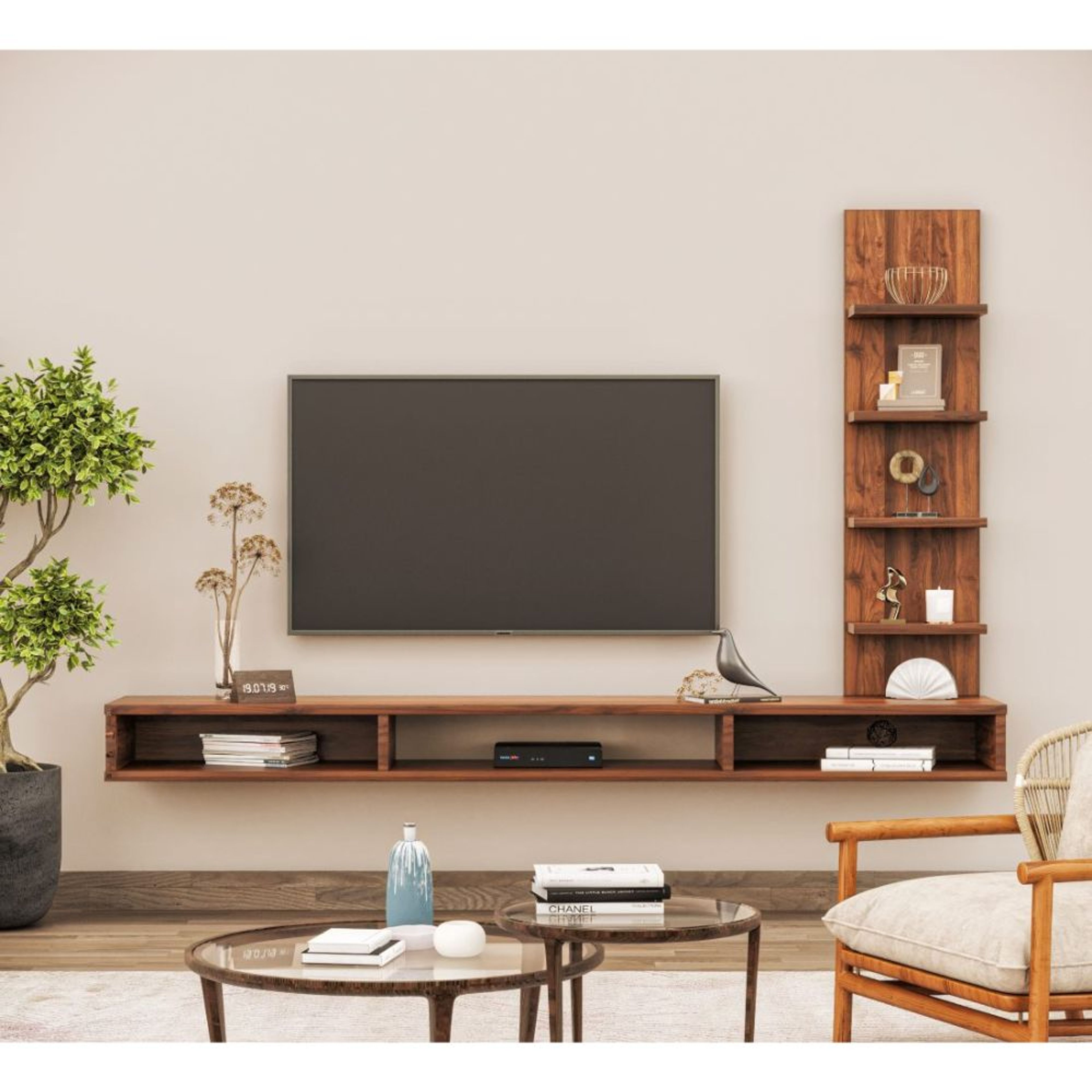 Dark wood TV unit with drawers and open shelf.