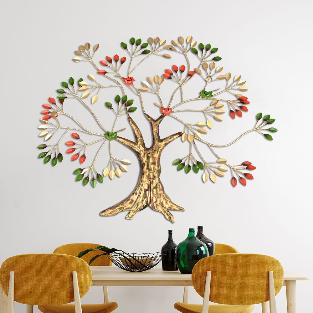 Metal Decorative Nature Wall Art Big for Living Room Study Bedroom Office | Red & Green | 34 inch | Meena Tree Wall Art