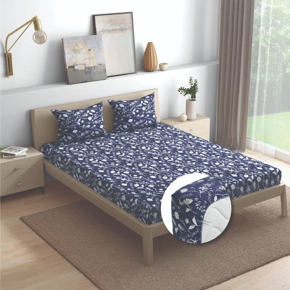 Wakefit 100% Cotton 200 TC Fitted Bedsheet With 2 Pillow Cover | Evelyn