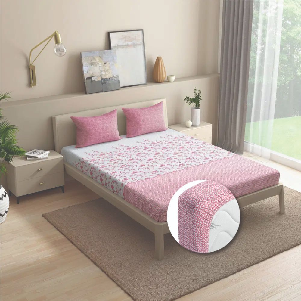 100% Cotton 200 TC Fitted Bedsheet With 1 Pillow Cover | Florenza