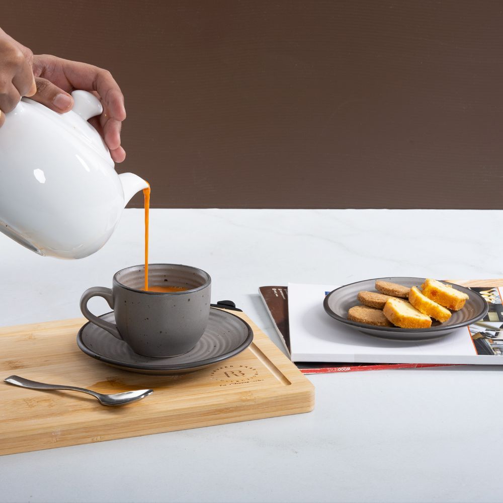 Premium Tea Cup & Saucer | Set of 4 | 180 ml | Eco-Friendly Stoneware Ceramic | Toxin Free | BPA and Lead Free | Microwave & Dishwasher Safe | Ideal for Gifting | Grey,Cement Matt | Feat