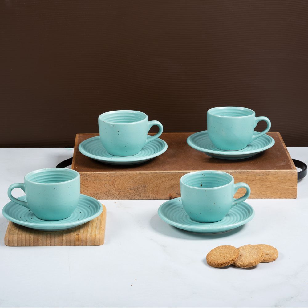 Premium Tea Cup & Saucer | Set of 4 | 180 ml | Eco-Friendly Stoneware Ceramic | Toxin Free | BPA and Lead Free | Microwave & Dishwasher Safe | Ideal for Gifting | Blue Matt | Jolly