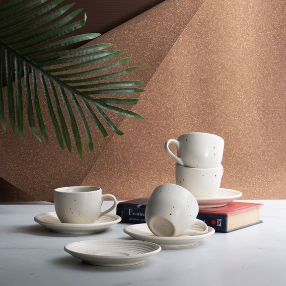 Premium Tea Cup & Saucer | Set of 4 | 180 ml | Eco-Friendly Stoneware Ceramic | Toxin Free | BPA and Lead Free | Microwave & Dishwasher Safe | Ideal for Gifting | Cream Matt | Upbeat