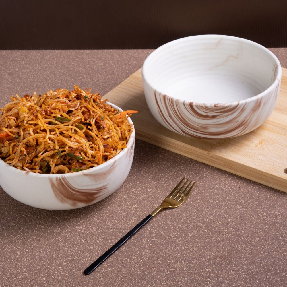 Serving Bowls | Set of 2 | 1.5 ltr | Stoneware Ceramic | Toxin Free | BPA and Lead Free | Microwave & Dishwasher Safe bowls for Snacks, Fruits, Salad, Pasta, Noodle| Brown marble | Converge