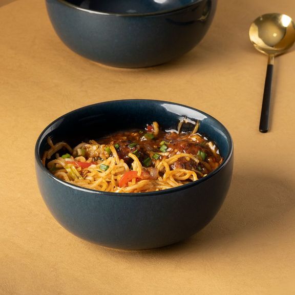 Serving Bowls | Set of 2 | 700 ml | Stoneware Ceramic | Toxin Free | BPA and Lead free | Microwave & Dishwasher Safe bowls for Snacks, Fruits, Salad, Pasta, Noodle, Maggi | Blue | Mykonos