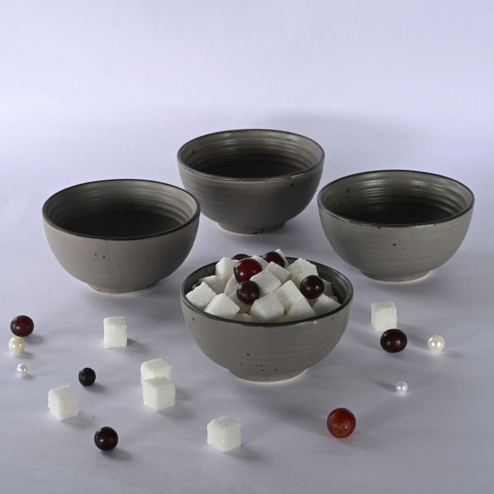Veg Bowls | Set of 4 | 250 ml | Stoneware Ceramic | Toxin Free | BPA and Lead Free | Microwave & Dishwasher Safe bowls for Snacks, Fruits, Salad, Pasta, Noodle, Maggi | Grey Matt, Cement | Feat