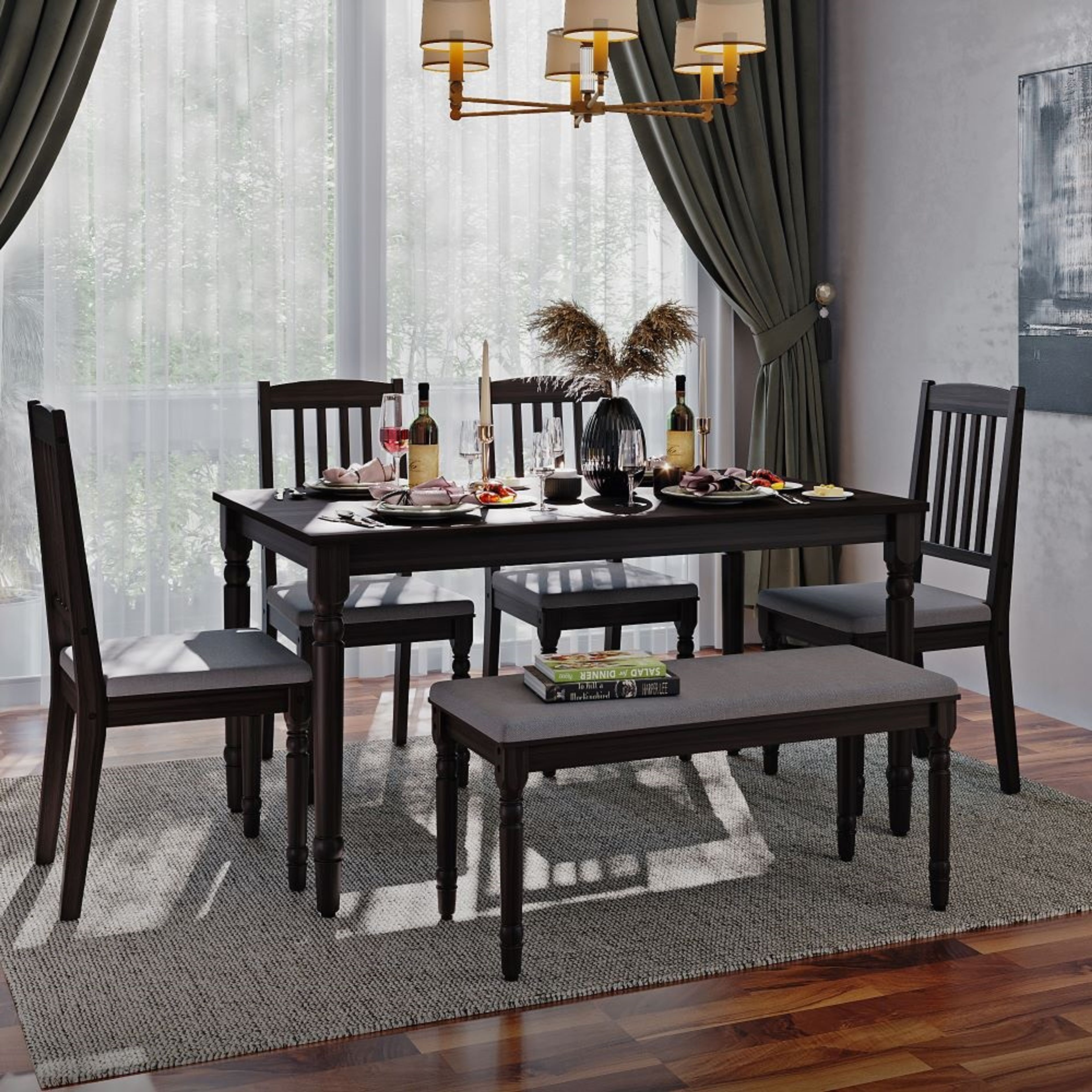 Wakefit Finik Seater sheesham wood Dining Set (With Cushion Smoke Grey)