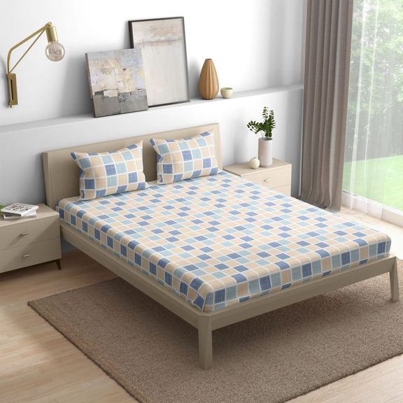 100% Cotton 200 TC Fitted Bedsheet With 2 Pillow Covers | Chekkers