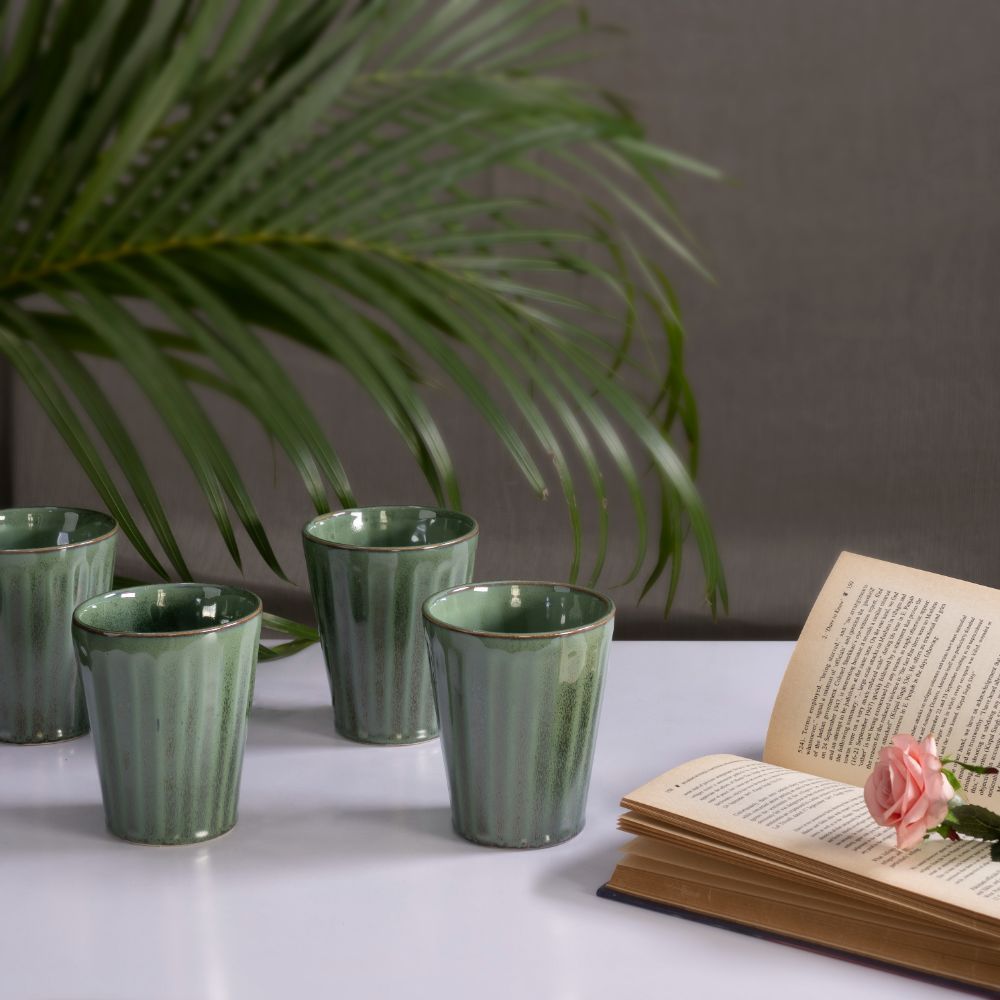 Premium Kulhad | Set of 4 | 400 ml | Eco-Friendly Stoneware Ceramic | Toxin Free | BPA and Lead free | Perfect for gifting | Microwave & Dishwasher Safe | Green | Desert Sky