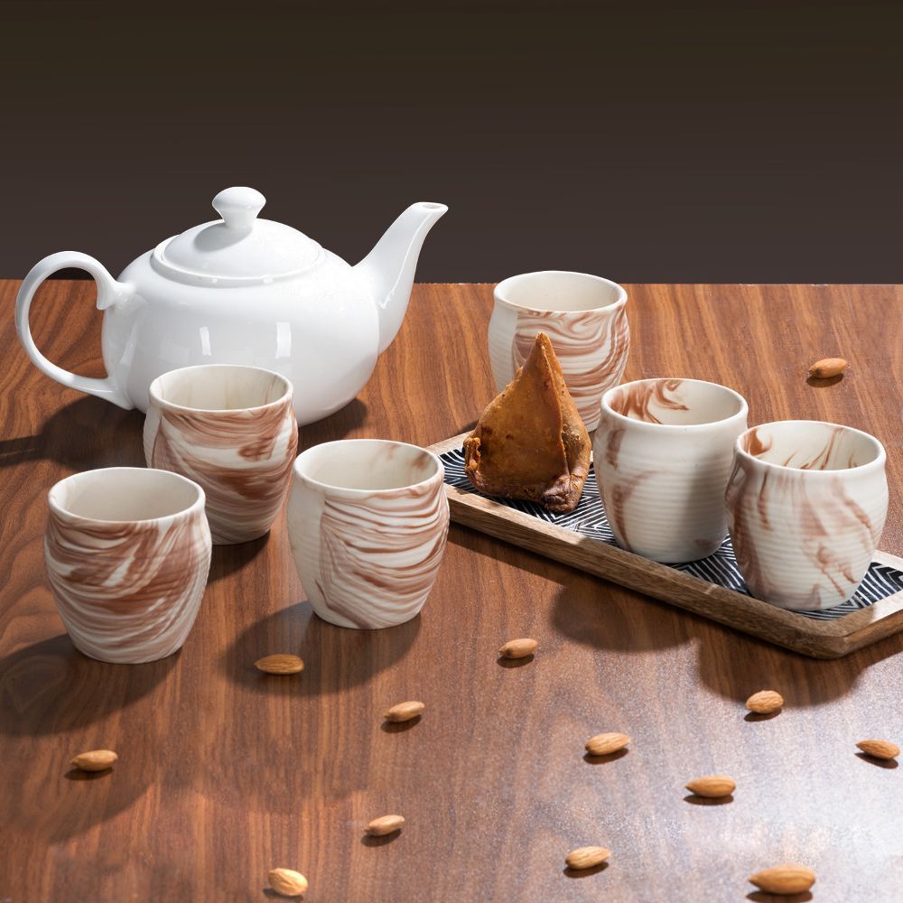 Premium Kulhad | Set of 6 | 180 ml | Eco-Friendly Stoneware Ceramic | Toxin Free | BPA and Lead Free | Perfect for gifting | Microwave & Dishwasher Safe | Brown Marble | Converge