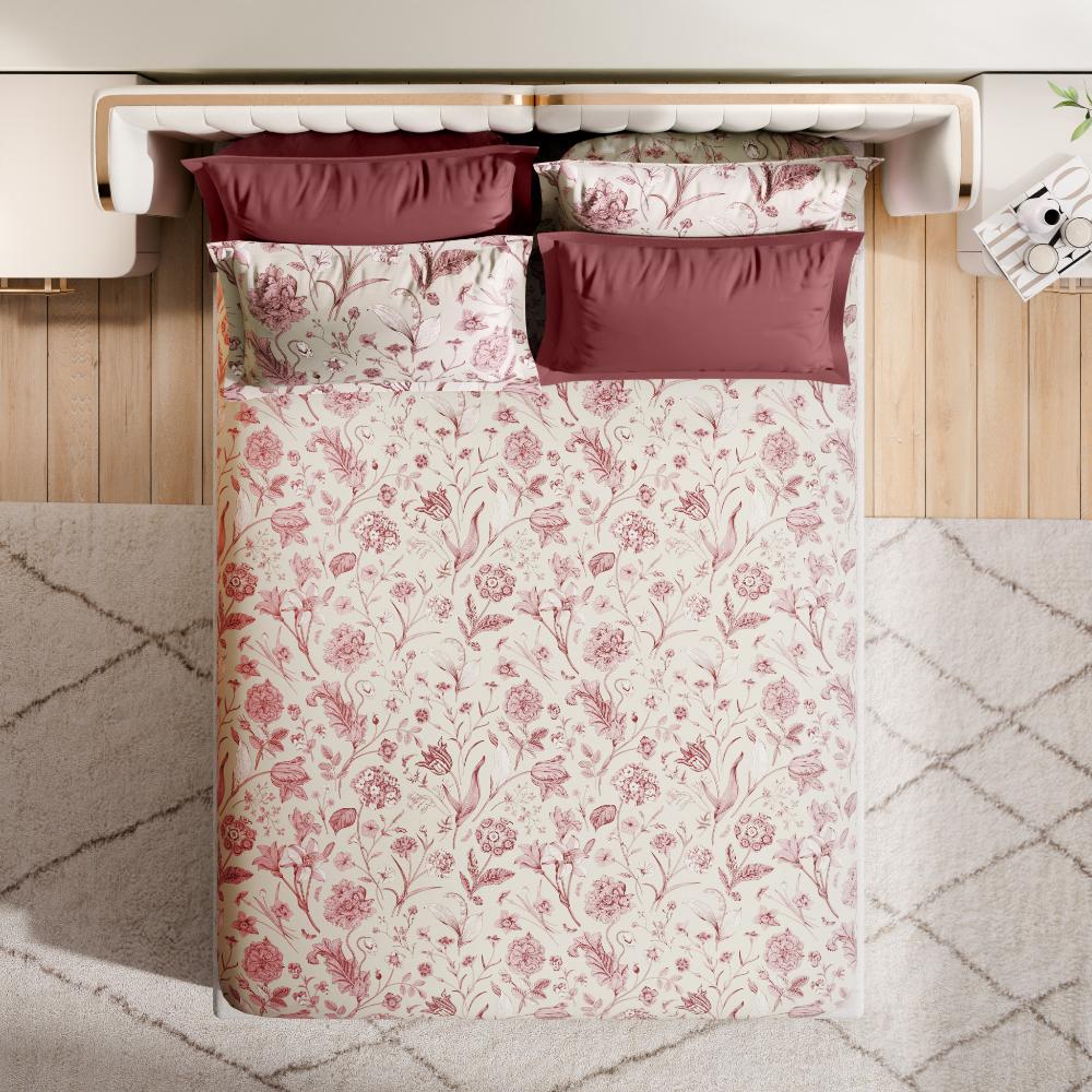 Premium 100% Cotton 300 TC Fitted Bedsheet With 4 Pillow Covers | Caroline King, 78" x 72", Caroline