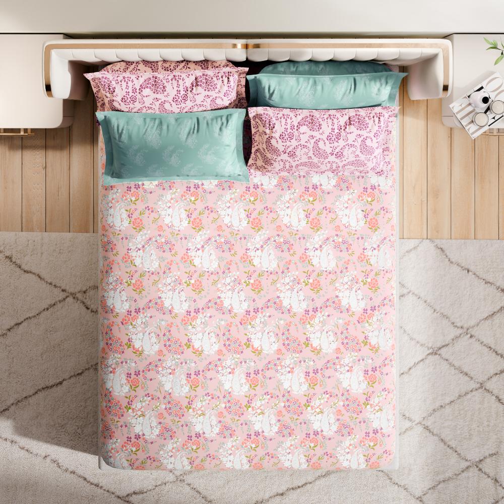 Premium 100% Cotton 300 TC Fitted Bedsheet With 4 Pillow Covers | Olivia King, 78" x 72", Olivia