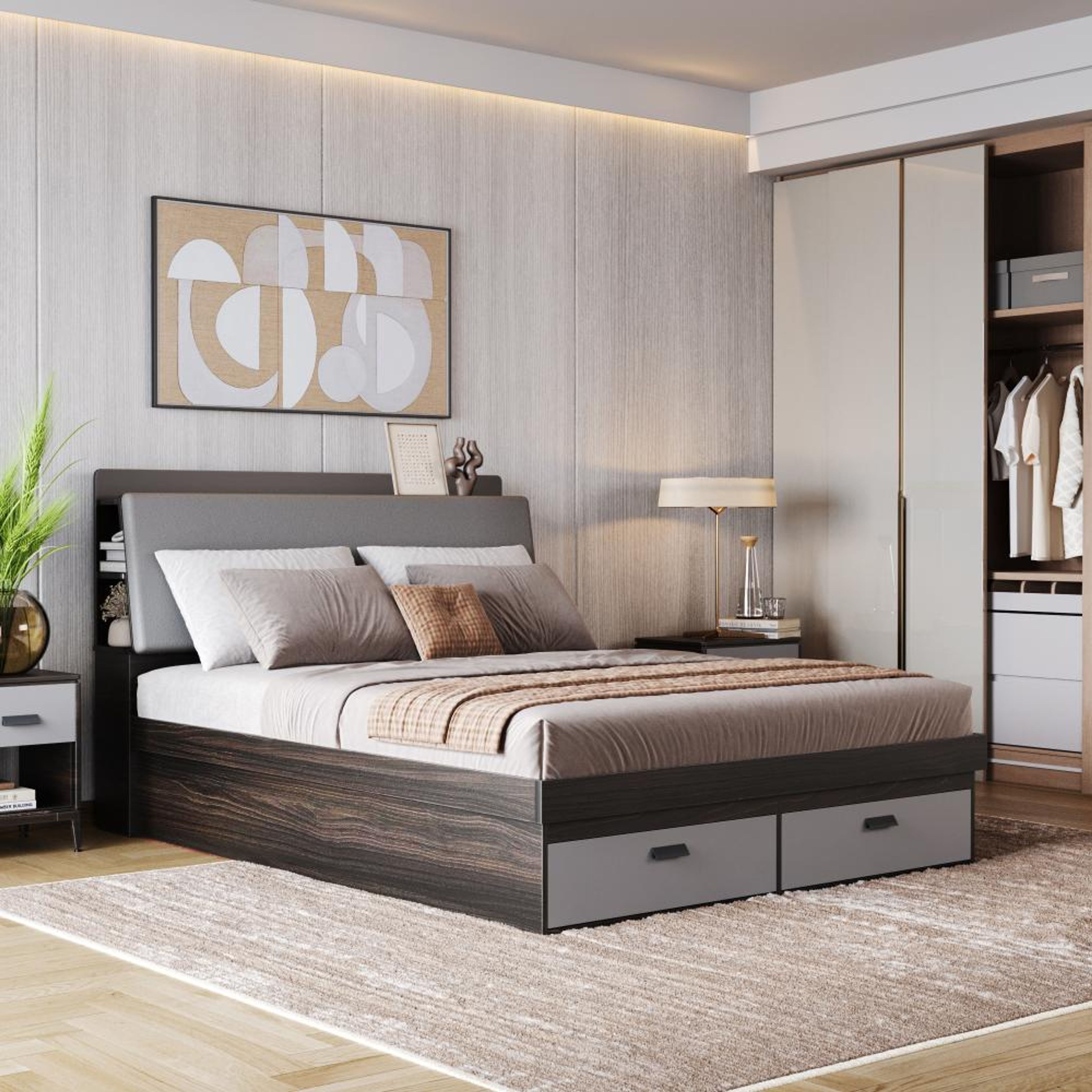 ATLAS Queen Storage Engineered Wood Bed-Wyoming Maple