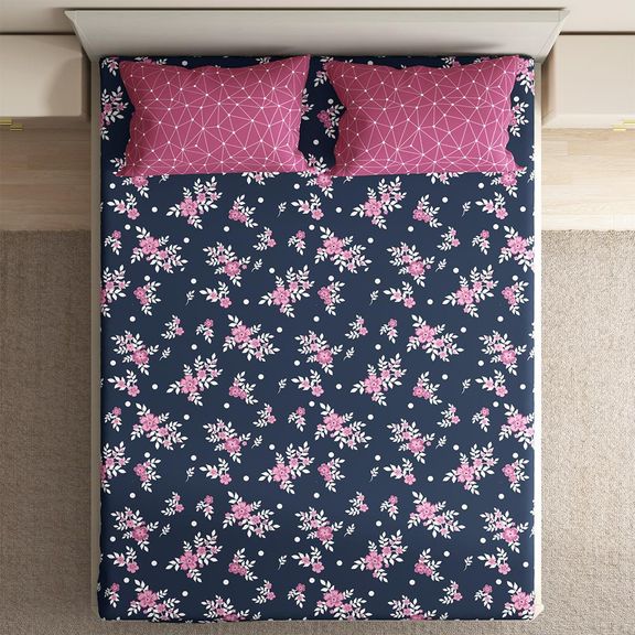 100% Cotton 200 TC Flat Printed Bedsheet, Paula Queen Size (100x90 Inches) / (2.54m*2.29m) with 2 Pillow Covers Paula, Double