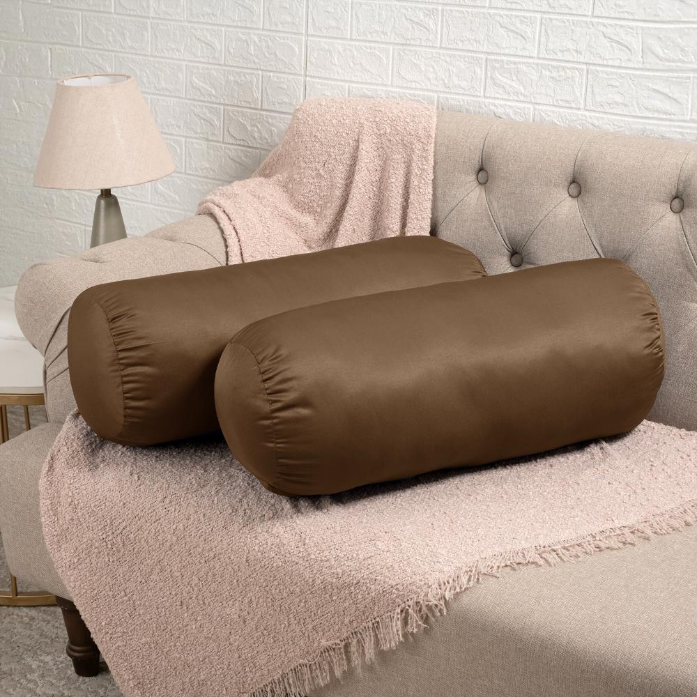 Soft Bolster Pillow | Set of 2 | 25x10 Inch | Hollow Fiber Filling & 100 GSM Peach Finished Fabric | Machine Washable Pillow | For Bed, Sofa & Diwan | Brown