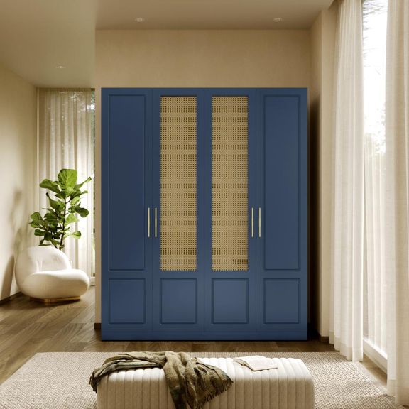  Cersei 4 Door with 4 Shelves 2 Drawers 2 Rattan door - Carcass: Wood grain Honey Oak, Shutter: Dark Blue (Foil) and Rattan