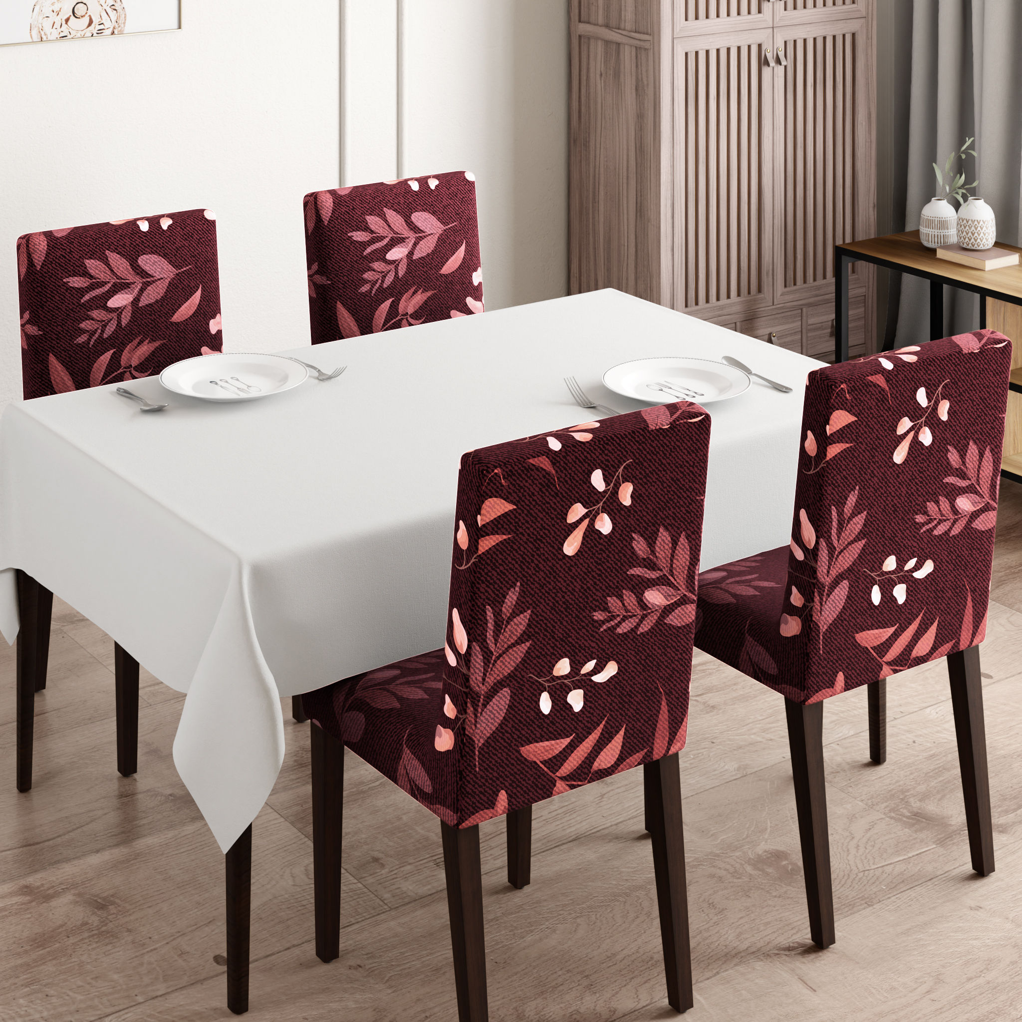 Printed Chair Cover | Elastic Stretchable Dining table Chair Cover 4 seater | Removable & Washable Slip Cover | Chair Seat Protector | Denim Flora | Set of 4