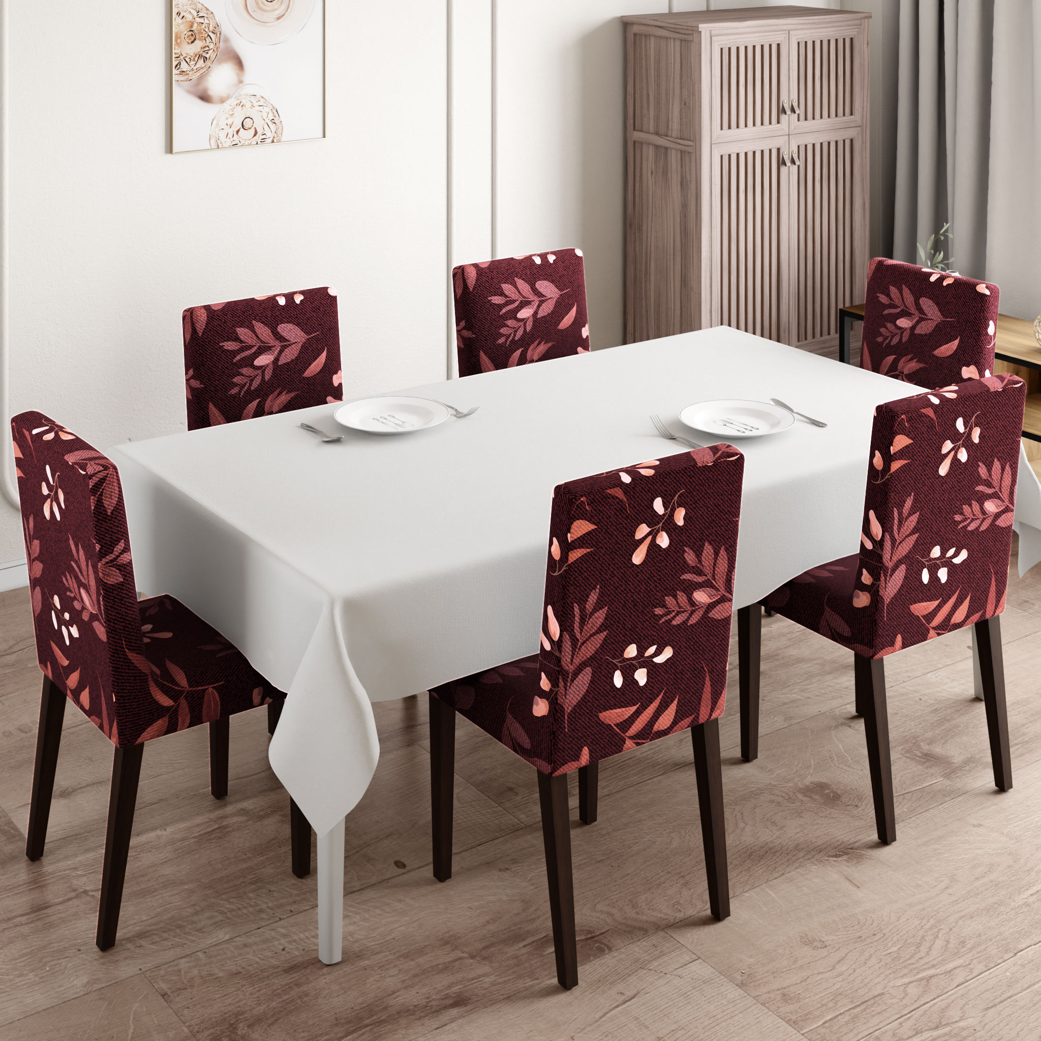 Printed Chair Cover | Elastic Stretchable Dining table Chair Cover 6 seater | Removable & Washable Slip Cover | Chair Seat Protector | Denim Flora | Set of 6