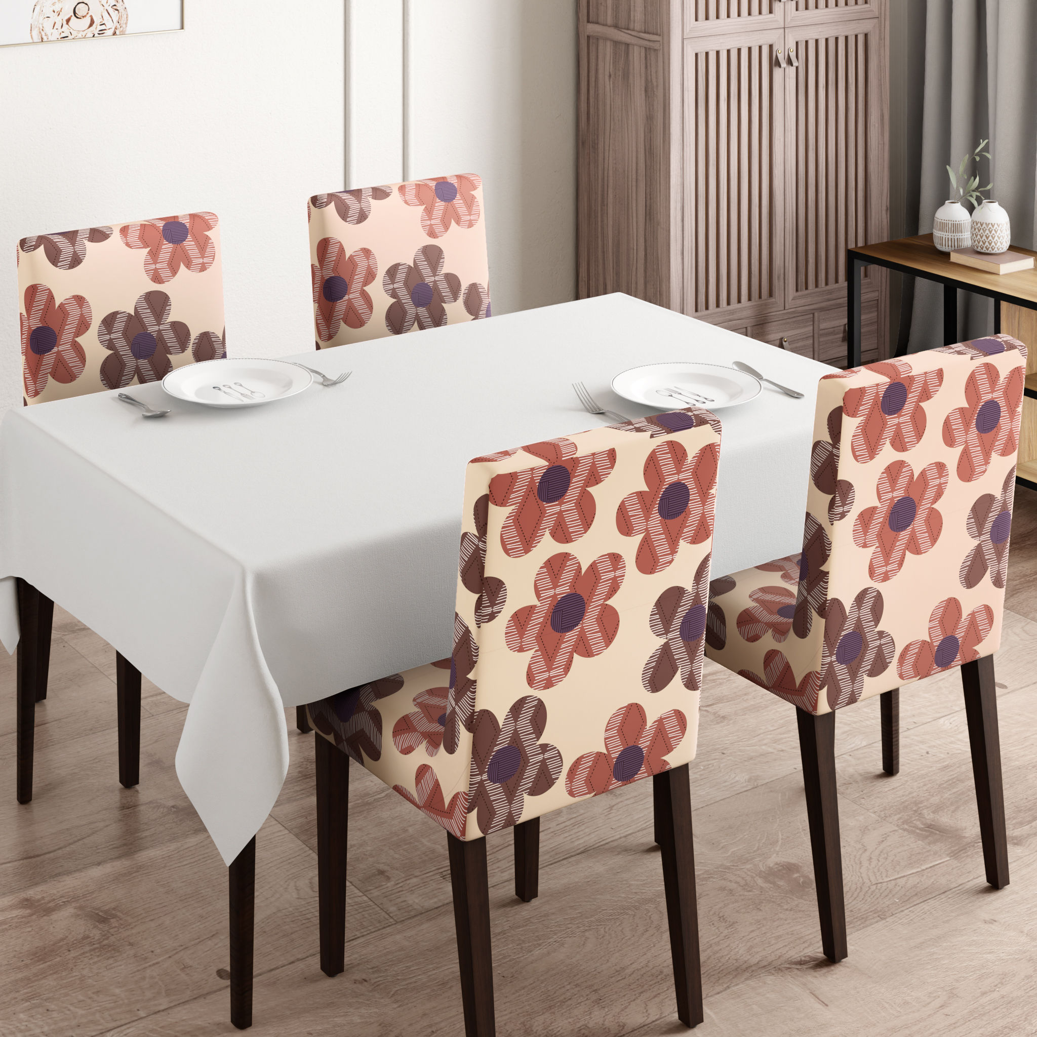 Printed Chair Cover | Elastic Stretchable Dining table Chair Cover 4 seater | Removable & Washable Slip Cover | Chair Seat Protector | Floro | Set of 4