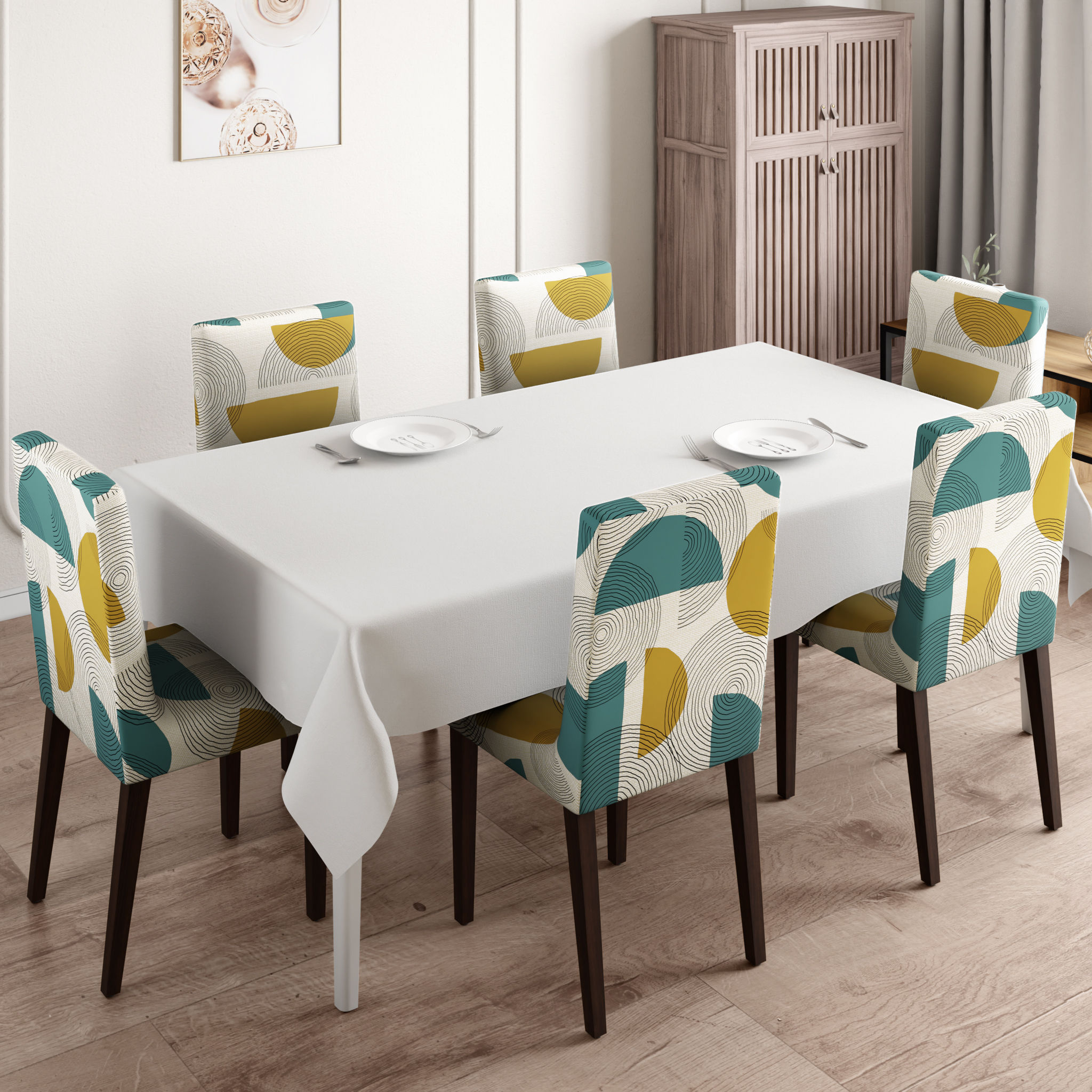 Printed Chair Cover | Elastic Stretchable Dining table Chair Cover 6 seater | Removable & Washable Slip Cover | Chair Seat Protector | Pinaki | Set of 6