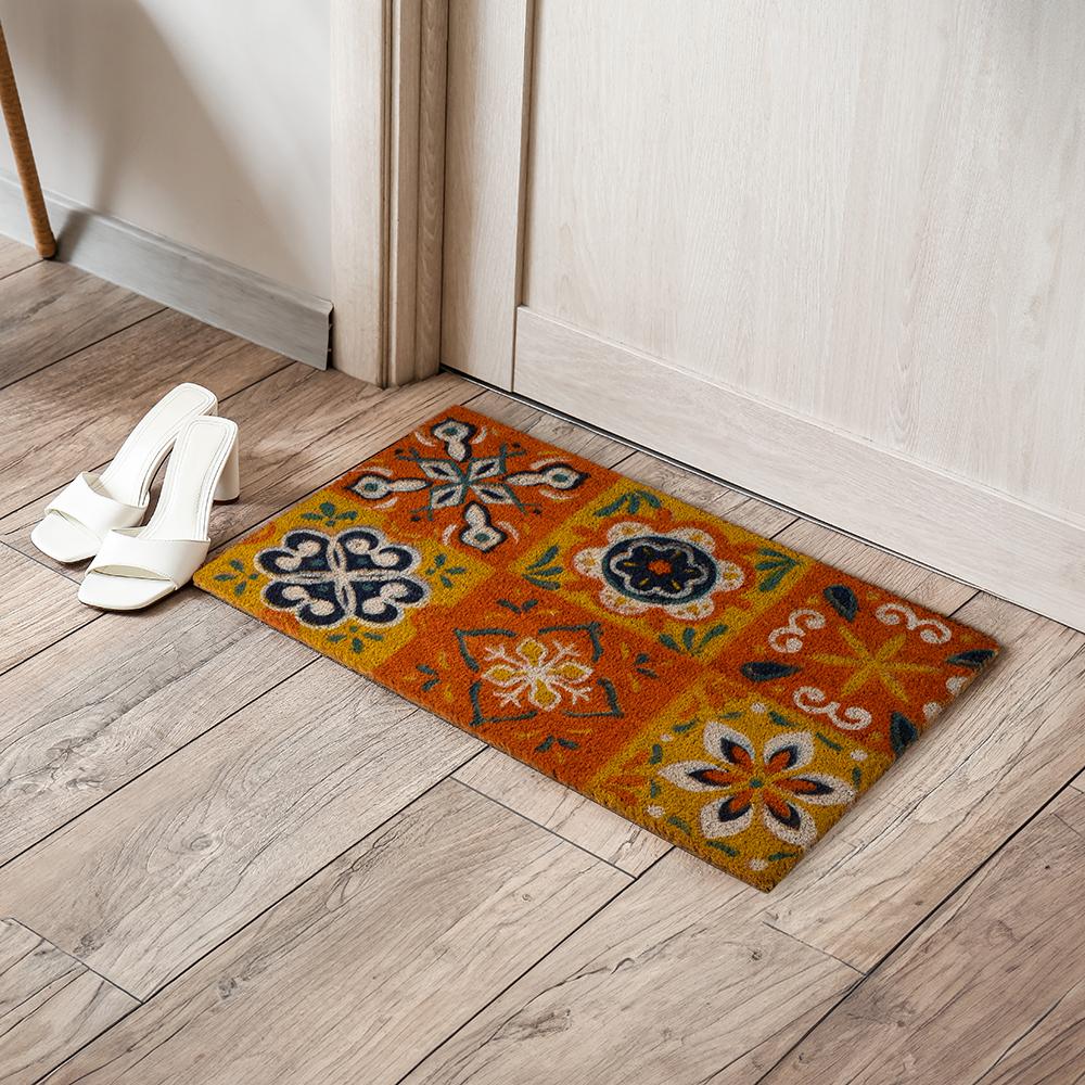 Printed Natural Coir Doormat | Long lasting Heavy Duty Thick PVC non-slip backing | Thick Entryway Rug | Large Rectangle Design for Indoor & Covered Door Entrances | Swagat - 40x70 CM | Brown