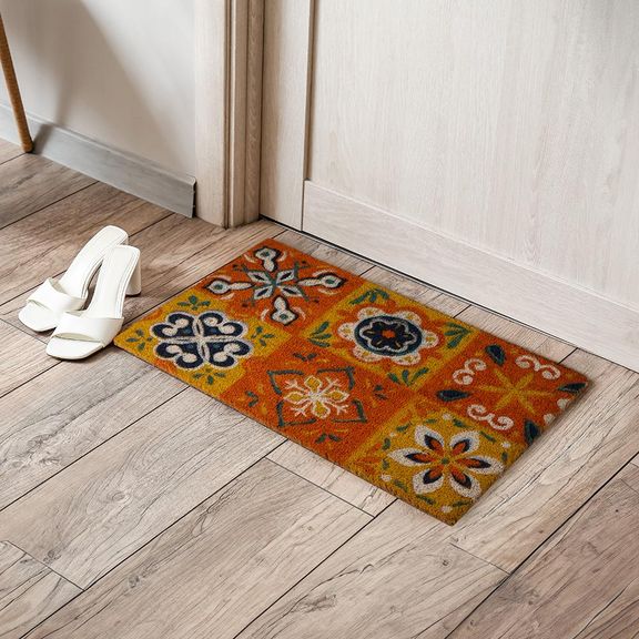 Printed Natural Coir Doormat | Long lasting Heavy Duty Thick PVC non-slip backing | Thick Entryway Rug | Large Rectangle Design for Indoor & Covered Door Entrances | Swagat - 40x70 CM | Brown