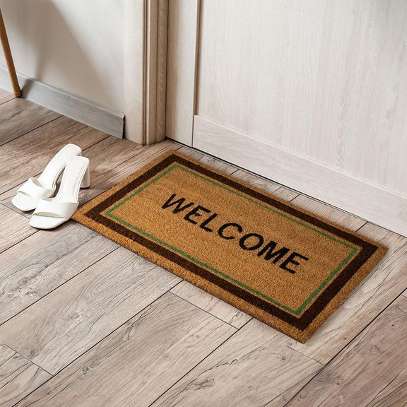 Printed Natural Coir Doormat | Long lasting Heavy Duty Thick PVC non-slip backing | Thick Entryway Rug | Large Rectangle Design for Indoor & Covered Door Entrances | Welcome - 40x70 CM | Brown