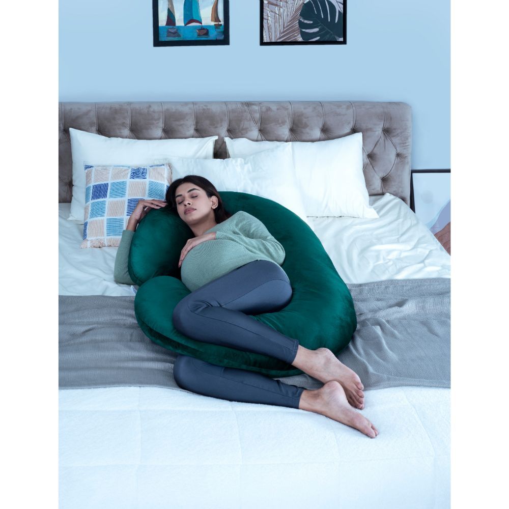 Maternity Pillow (C Shape) & Nursing Pillow Combo | For Pregnancy and Baby Feeding | Soft & Machine Washable Velvet Cover | Peacock Green