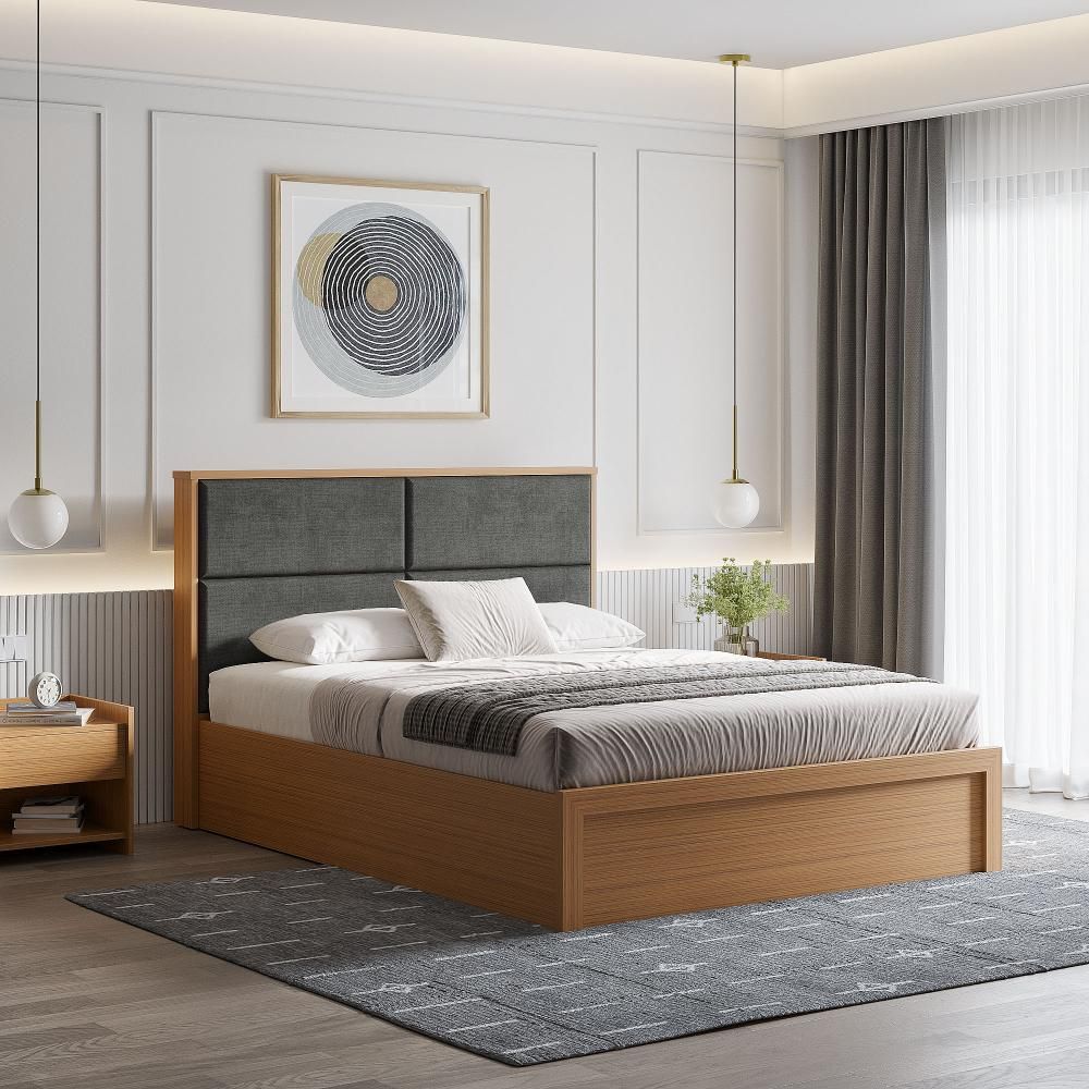 Wakefit Eclipse Queen Size storage Bed with Dark Grey Upholstered Headboard