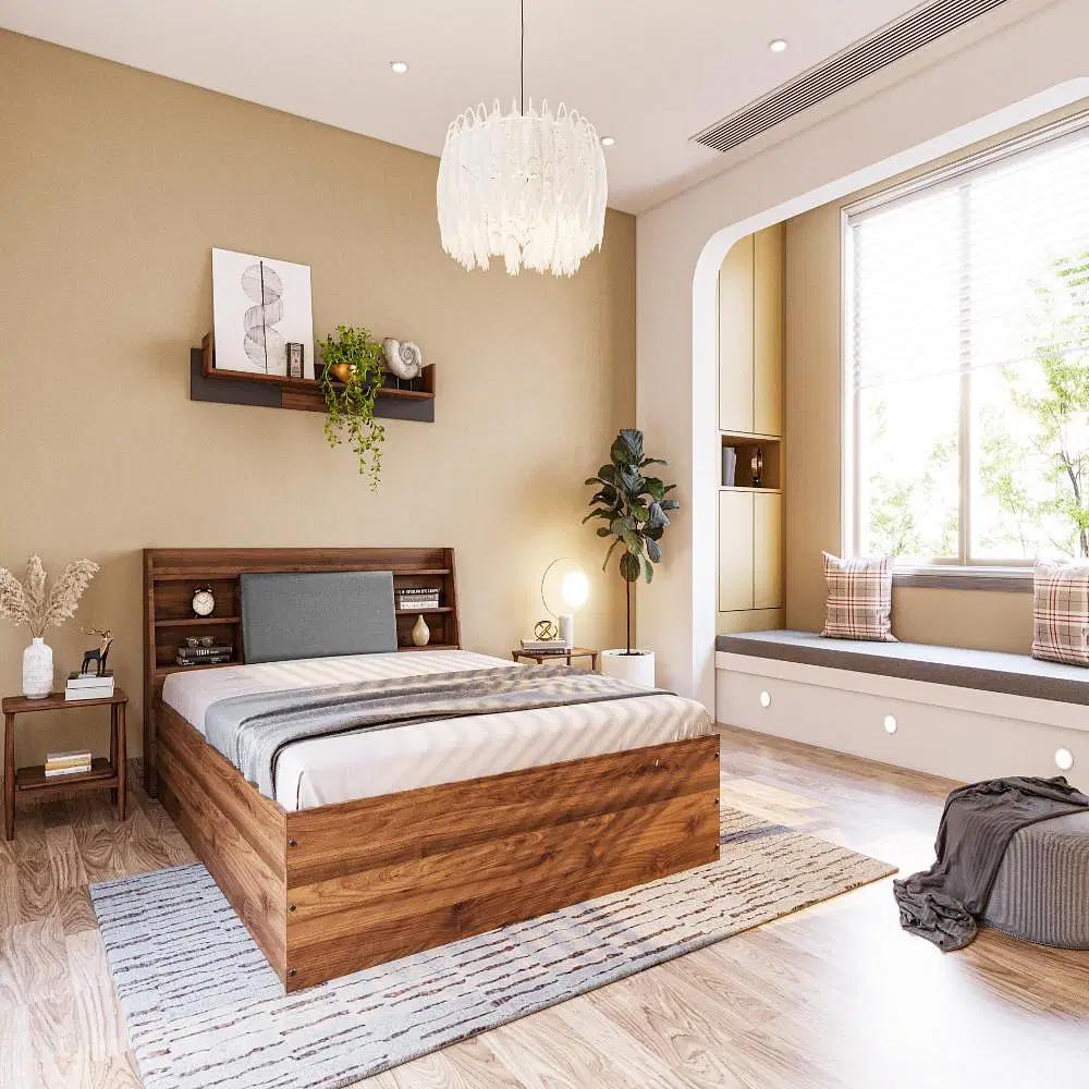 Wakefit Leo Queen Storage Engineered Wood Bed With Omega Grey Upholstered Headboard