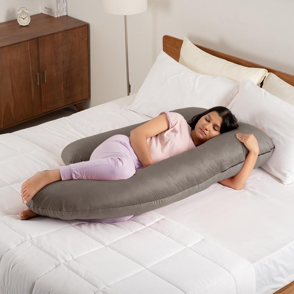 Maternity Pillow for Pregnancy Support | J Shape | Super Soft & Machine Washable Velvet Cover | Charcoal Grey