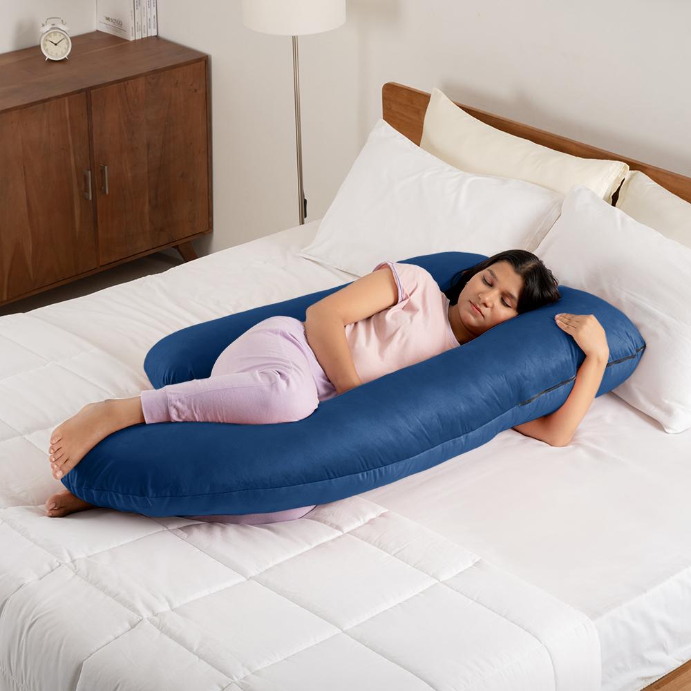 Maternity Pillow for Pregnancy Support | J Shape | Super Soft & Machine Washable Velvet Cover | Dark Blue